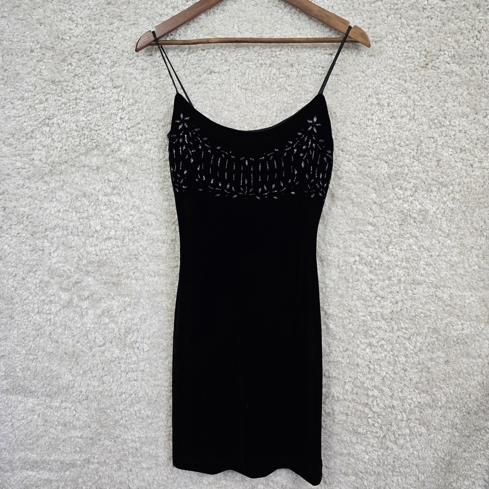 Vintage Hugo Buscati Velvet Mini Dress Womens Black Glitter Embellished 90s Glam